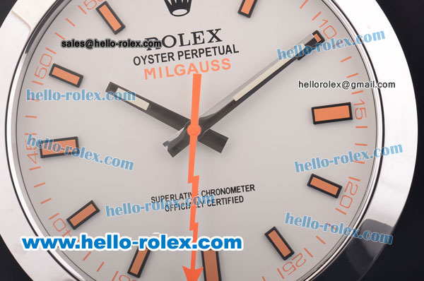 Rolex Milgauss Wall Clock Quartz Steel Case with White Dial and Orange Stick Markers - Click Image to Close